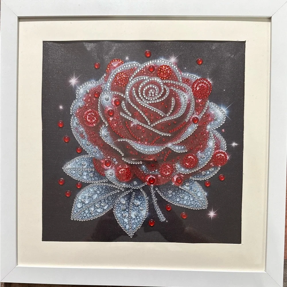 Framed Red and Silver Rose Art, size 12” * 12”